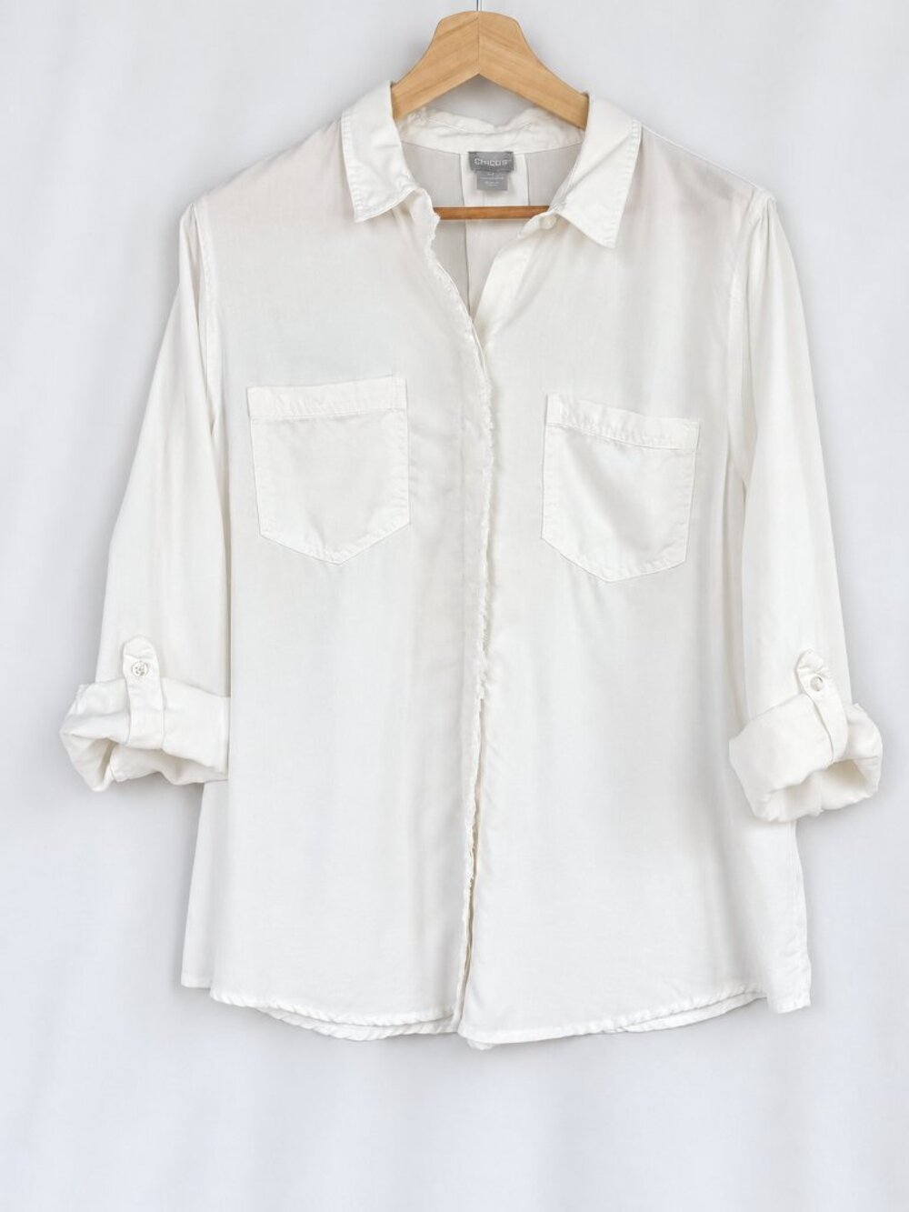 Chico's Ivory Tencel Lyocell Button Down Shirt Size 3 XL Roll Tab